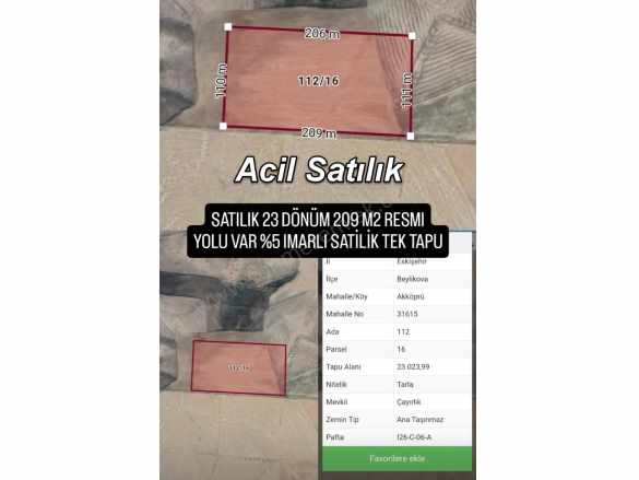 Eskişehir Beylikova Akköprüde Acil Satılık Tarla 23 Dönüm Akköprü Mah