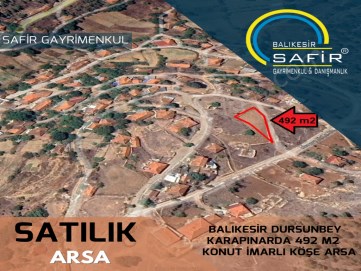 BALIKESİR SATILIK ARSA SAFİR DEN BALIKESİR DURSUNBEY KARAPINARDA 492 M2 KONUT İMARLI KÖŞE ARSA
