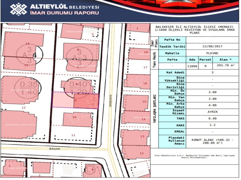 BALIKESİR SATILIK ARSA SAFİR DEN PLEVNE YENİ İZMİR YOLU İLE BİROL KOÇ CAD.ARASI 293 M2 3 KAT İMARLI 