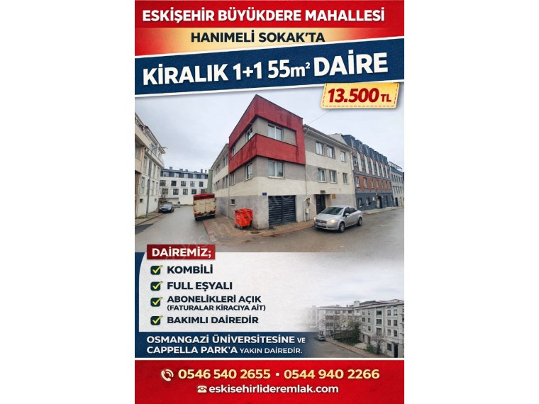 ESKİŞEHİR BÜYÜKDERE MAH. HANIMELİ SK. ABONELİKLERİ AÇIK KİRALIK 1+1 EŞYALI DAİRE