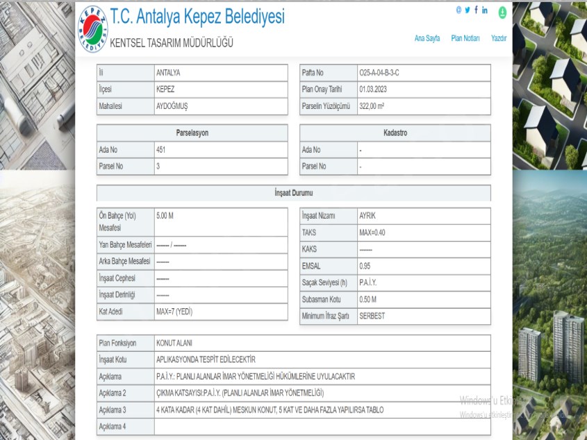 ANTALYA KEPEZ AYDOĞMUŞ DA 322M2 SATILIK KONUT ARSASI