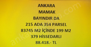 ANKARA MAMAK BAYINDIR DA 199 M2 HİSSELİ TAPULU TARLA
