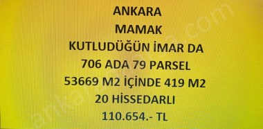 ANKARA MAMAK KUTLUDÜĞÜN İMAR DA 419 M2 HİSSELİ TAPULU TARLA