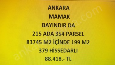 ANKARA MAMAK BAYINDIR DA 199 M2 HİSSELİ TAPULU TARLA