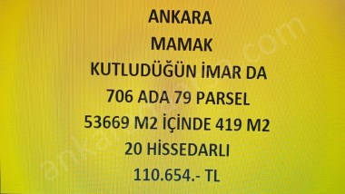 ANKARA MAMAK KUTLUDÜĞÜN İMAR DA 419 M2 HİSSELİ TAPULU TARLA