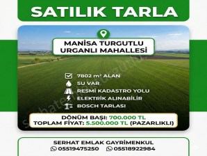TURGUTLU SATILIK URGANLI MAH 7.802M2 TARLA RESMİ YOLU VAR SU VAR 